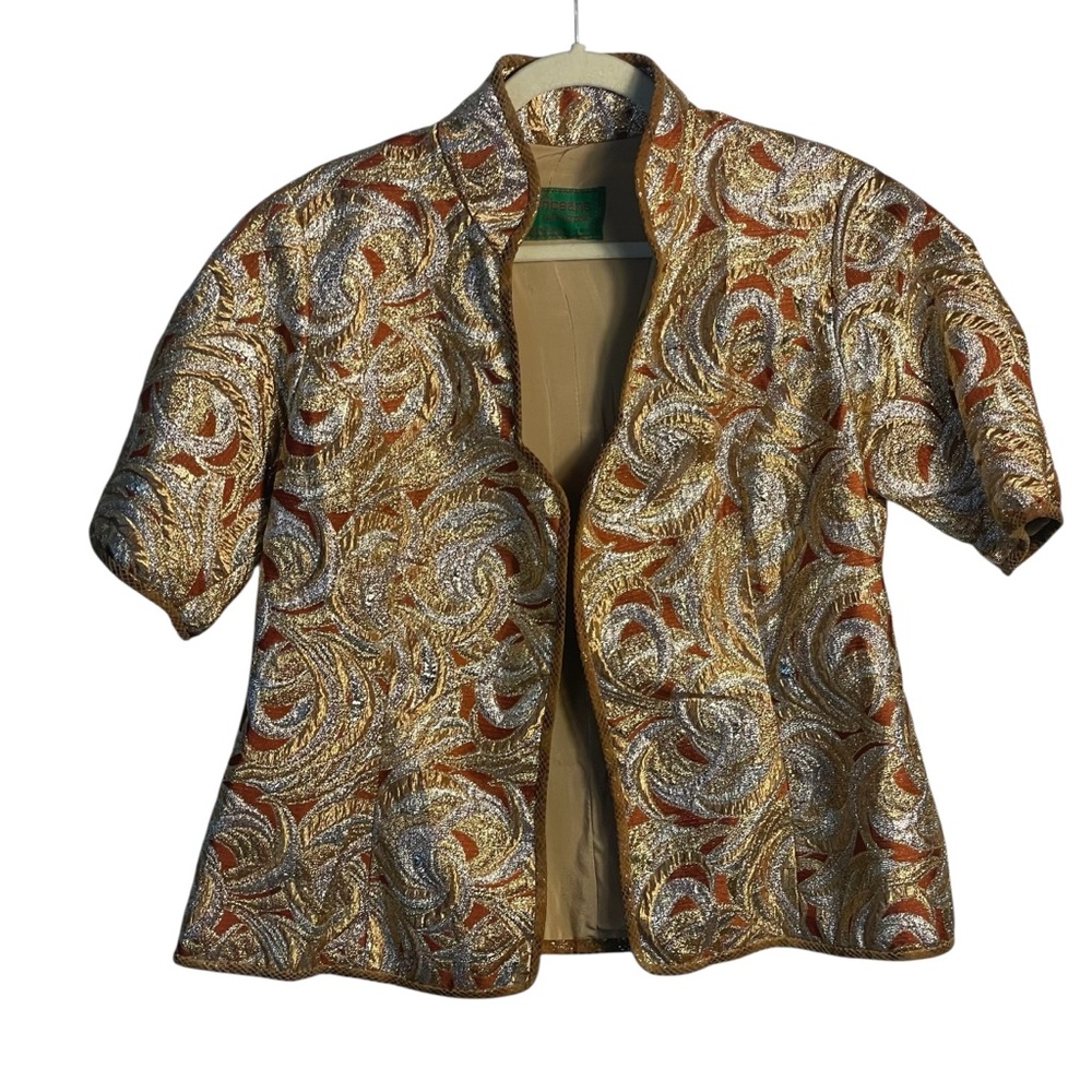 Growbeans Karen Groner RARE Red Gold Metallic Swirl Open Front Peplum Jacket M